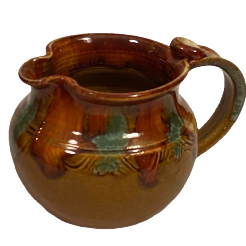 Dryden Pottery Pitcher/Creamer  Ceramic Brown Green Glazed Drip Handled  3.5”